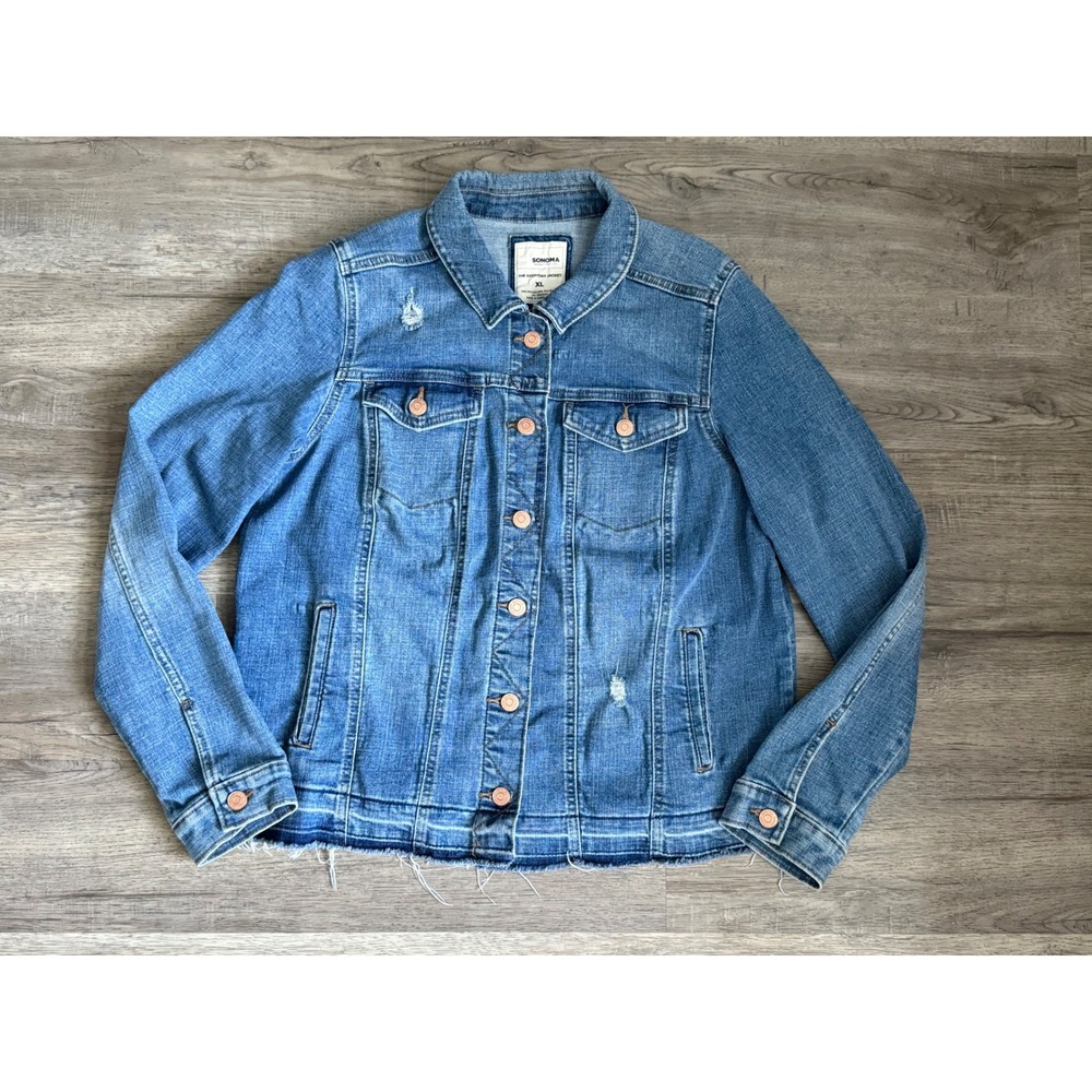 Sonoma Goods For Life Everyday Denim Jacket XL Blue Distressed Raw Hem Stretch